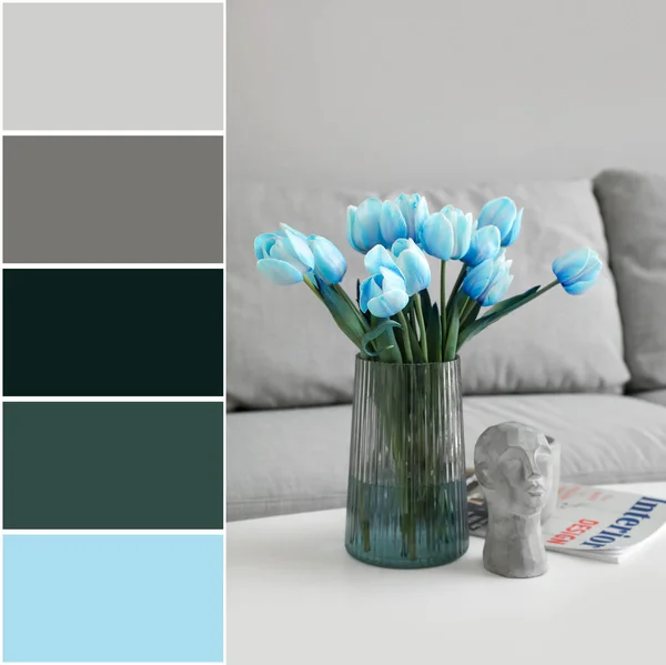 テーブルの上に青いチューリップの花束で花瓶 異なる色パターン — ストック写真