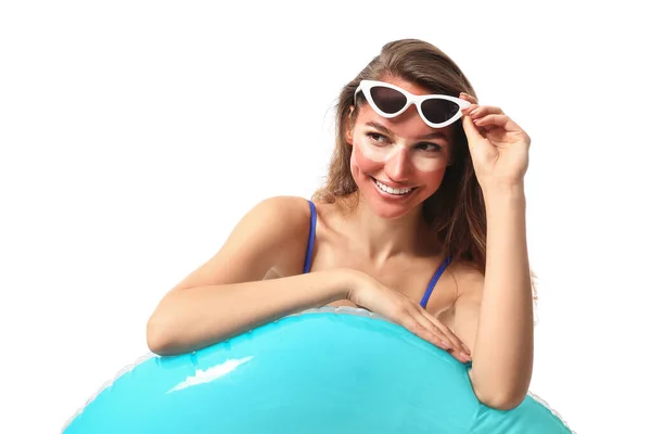 Happy Young Woman Sun Tanned Skin Inflatable Ring Sunglasses White — Stock Photo, Image