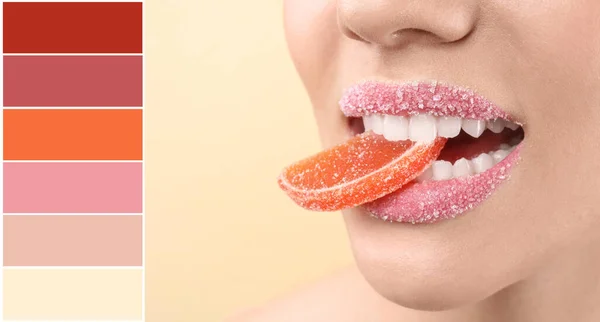 Beautiful Young Woman Creative Makeup Marmalade Mouth Light Background Closeup — Foto de Stock