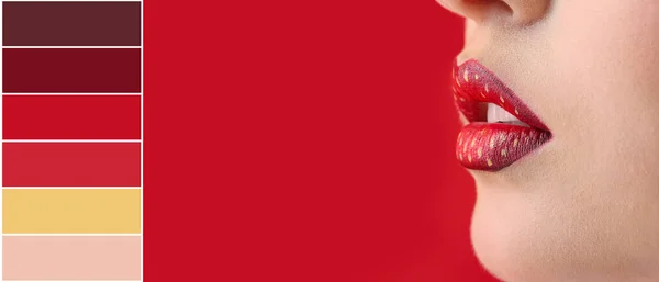 赤い背景にイチゴの化粧をした美しい若い女性 クローズアップ 異なる色パターン — ストック写真