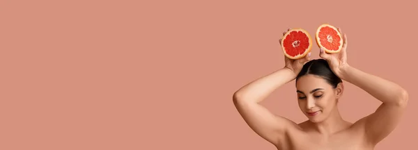 Naked Young Woman Fresh Grapefruit Pink Background Space Text — Stock Photo, Image
