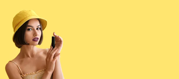 Beautiful Fashionable Woman Holding Lipstick Yellow Background Space Text — Stock Photo, Image