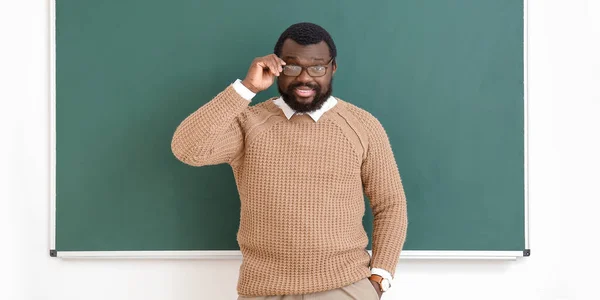 African American Male Teacher Blackboard Classroom — Stock Photo, Image