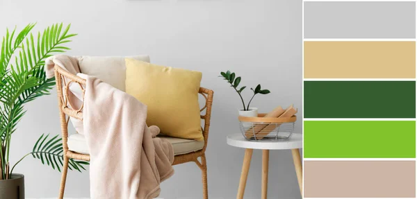 Yastıklı Ekoseli Işıklı Duvarın Yanındaki Masalı Hasır Sandalye Farklı Renk — Stok fotoğraf