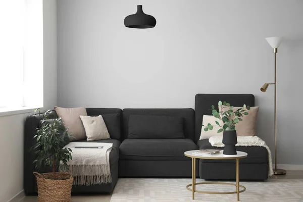 Interieur Eines Modernen Wohnzimmers Mit Schwarzem Sofa Und Tisch — Stockfoto