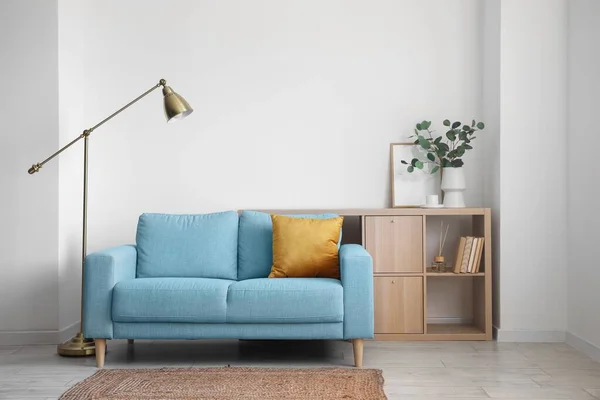 Interior Light Living Room Blue Sofa Lamp Shelving Unit — Stock Photo, Image