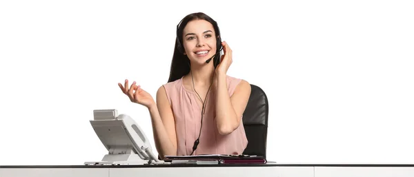 Hermosa Joven Secretaria Mesa Sobre Fondo Blanco — Foto de Stock