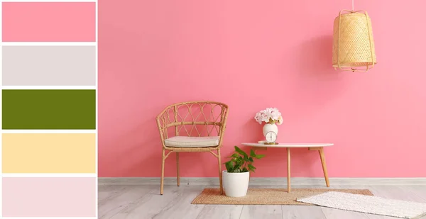 快適な椅子とピンクの壁の近くのテーブル付きの部屋のインテリア 異なる色パターン — ストック写真