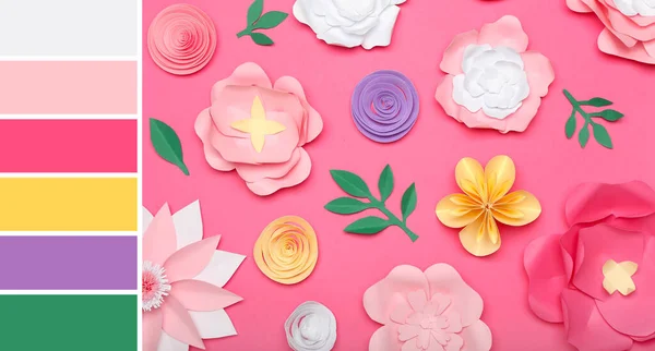 Beautiful handmade paper flowers on pink background. Different color patterns