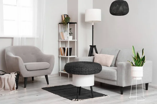 Stylish Interior Light Living Room Grey Furniture —  Fotos de Stock