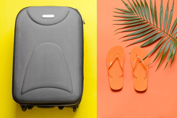 Suitcase Flip Flops Palm Leaf Color Background — Foto de Stock