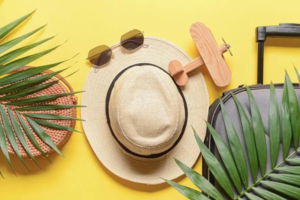 Female Accessories Palm Leaves Suitcase Yellow Background — Stock Photo, Image