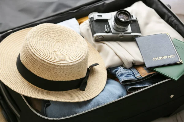 Opened Suitcase Clothes Traveler Accessories Closeup — Photo
