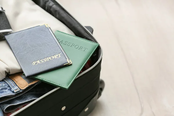 Passports Female Clothes Opened Suitcase Closeup — Foto de Stock