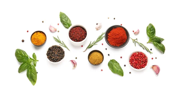 Composition Bowls Different Spices Herbs White Background — Photo