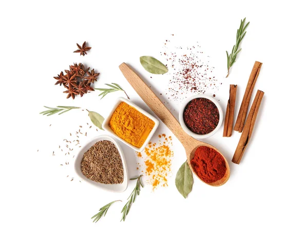 Composition Different Spices Isolated White Background — Stock Photo, Image