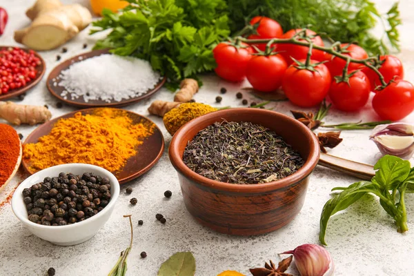 Assortment Fresh Aromatic Spices Light Background — Stock Photo, Image