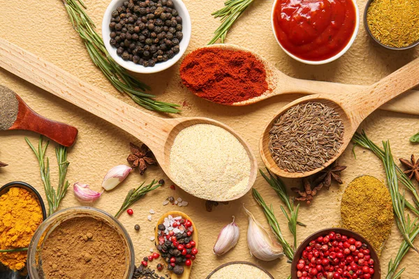 Composition Fresh Aromatic Spices Color Background — Stock Photo, Image