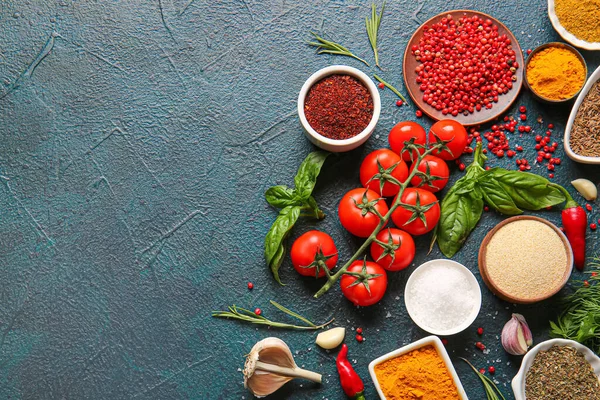Composition Aromatic Spices Tomatoes Color Background — Foto de Stock