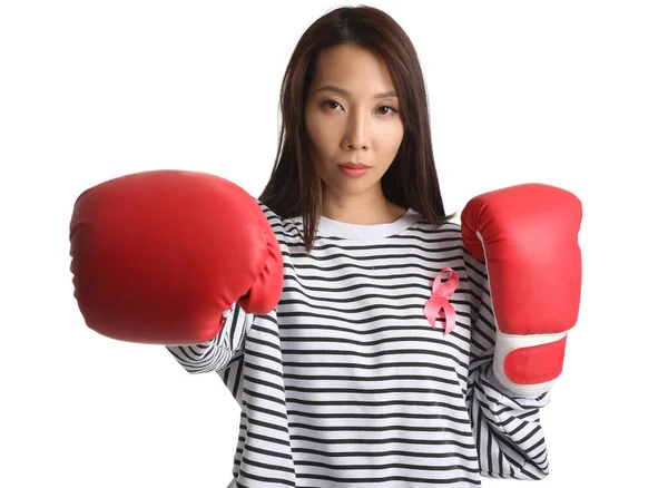 Young Asian Woman Boxing Gloves Pink Ribbon White Background Breast — Foto de Stock