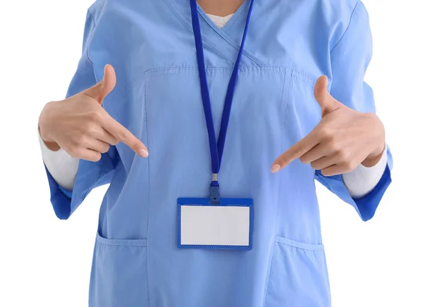 Γυναίκα Νοσοκόμα Δείχνει Σήμα Λευκό Φόντο Closeup — Φωτογραφία Αρχείου