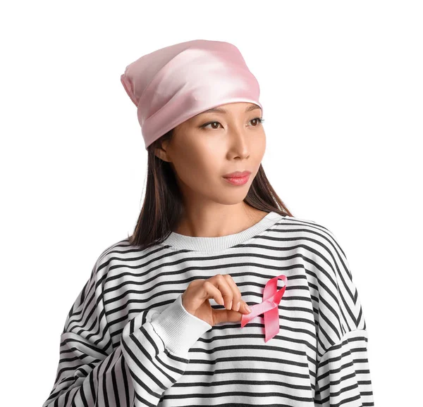 Young Asian Woman Pink Ribbon White Background Breast Cancer Awareness — Stock Photo, Image