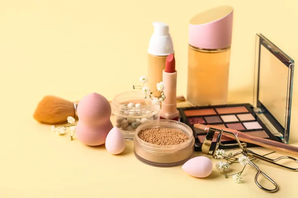 Set Cosmetics Makeup Accessories Color Background — Stock Photo, Image