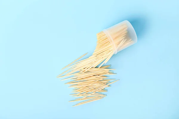 Overturned Holder Toothpicks Blue Background — Stock Photo, Image