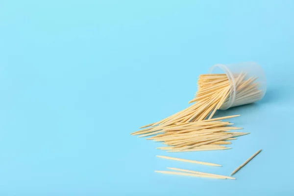 Overturned Holder Toothpicks Blue Background — Stock Photo, Image