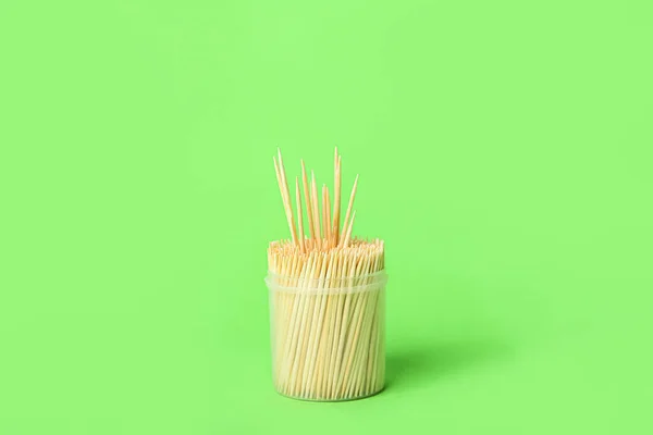 Holder Wooden Toothpicks Green Background — Photo