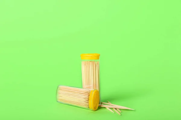 Holders Wooden Toothpicks Green Background — Stock Photo, Image