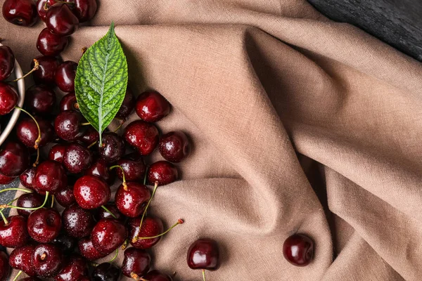 Heap Ripe Cherries Water Drops Fabric Background — Photo