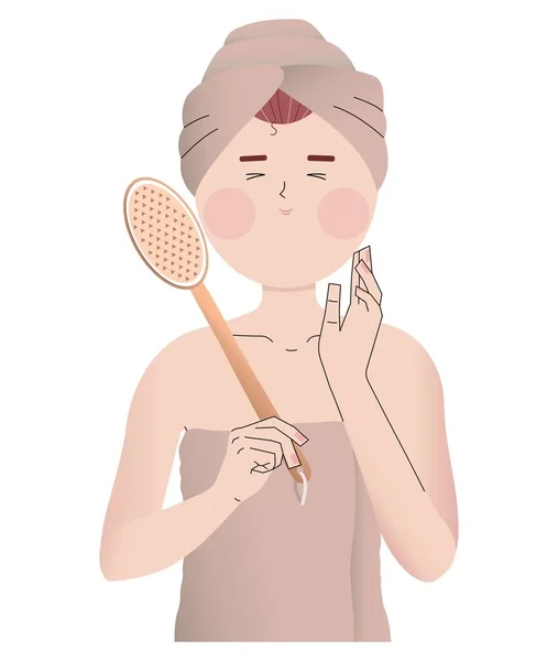 Junge Frau Mit Körperbürste Nach Der Dusche Auf Weißem Hintergrund — Stockvektor