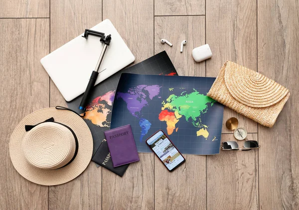 Phone Travel Supplies Wooden Background Top View Blogging Concept — 스톡 사진