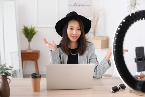 Female Asian Blogger Recording Video Studio — Stockfoto