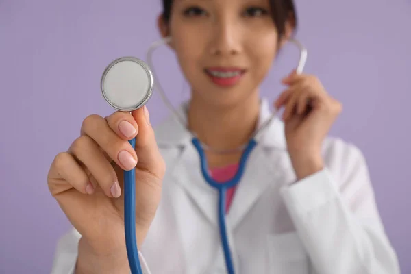 Asian Doctor Stethoscope Lilac Background Closeup — Stock Photo, Image