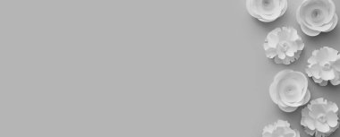 Gri arkaplan üzerinde güzel kağıt çiçeklerle kompozisyon ve metin için boşluk