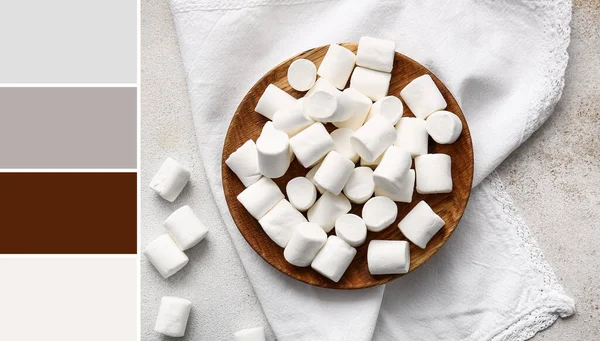 Plate Tasty Marshmallows Light Background Different Color Samples — Stock Fotó