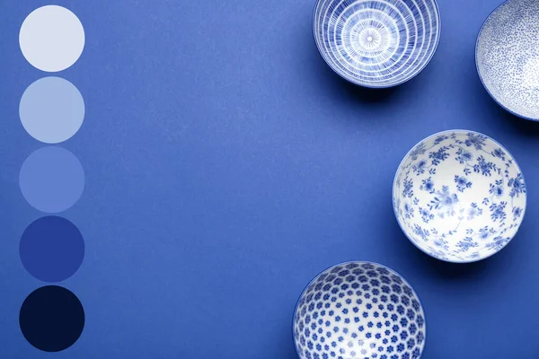 Beautiful Chinese Bowls Blue Background Different Color Patterns — Stock Fotó