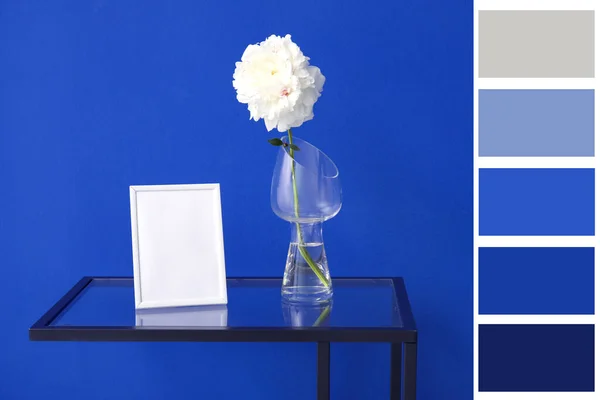 Blank Photo Frame Vase Beautiful Peony Flower Table Blue Wall — Stock Fotó