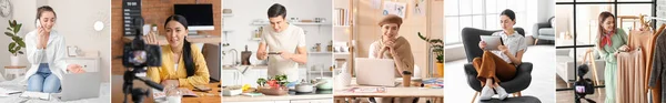 Collage Different Young Bloggers Recording Videos Home — Stock fotografie