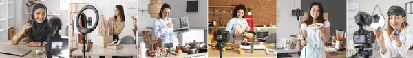 Collage Different Young Female Bloggers Recording Videos Home — Stockfoto