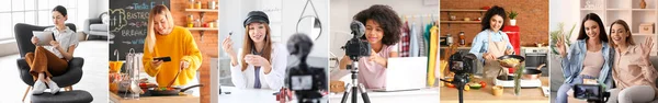 Kolaż Różnych Młodych Blogerek Nagrywających Filmy Domu — Zdjęcie stockowe