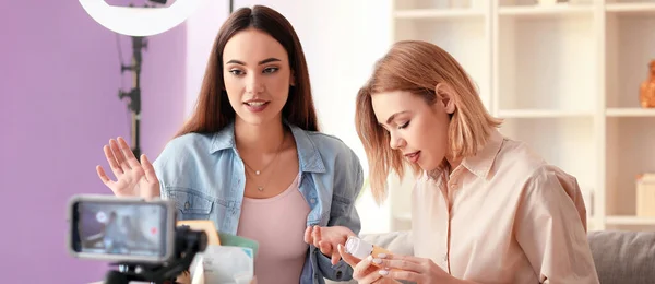 Young Female Beauty Bloggers Recording Video Studio — Stock Photo, Image