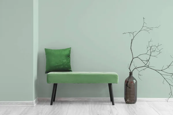 Comfortable Bench Pillow Tree Branches Vase Light Green Wall — Stock Photo, Image