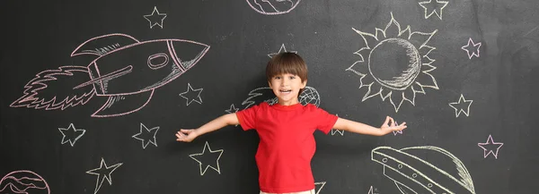 Happy Little Boy Blackboard Drawn Space — Stock Fotó