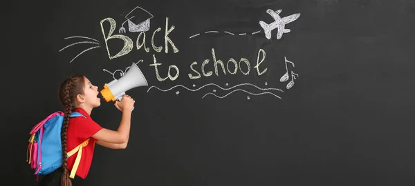 Cute Girl Megaphone Blackboard Text Back School — Fotografia de Stock