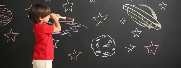 Cute Little Boy Spyglass Blackboard Drawn Space — Stockfoto