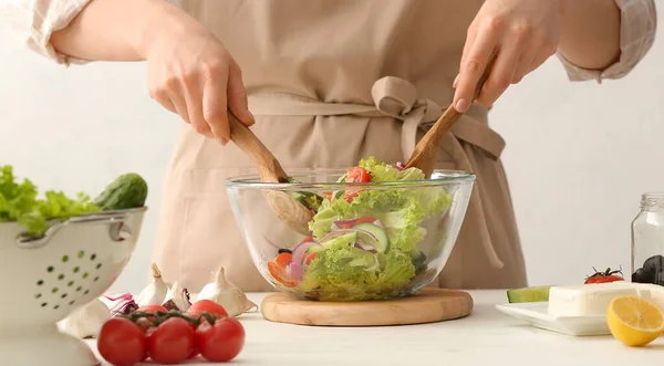 Woman Preparing Tasty Greek Salad Kitchen — Stock Photo, Image