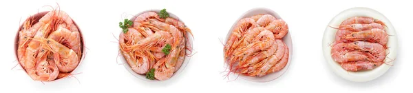 Set Bowls Tasty Shrimps White Background Top View — Stock fotografie